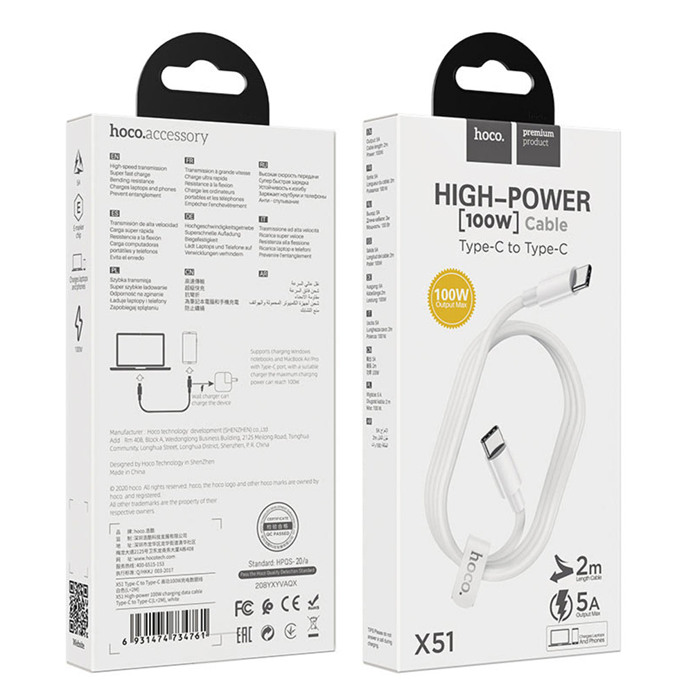 Cable Hoco X51 Data Tipo C a Tipo C 100W 1M Blanco