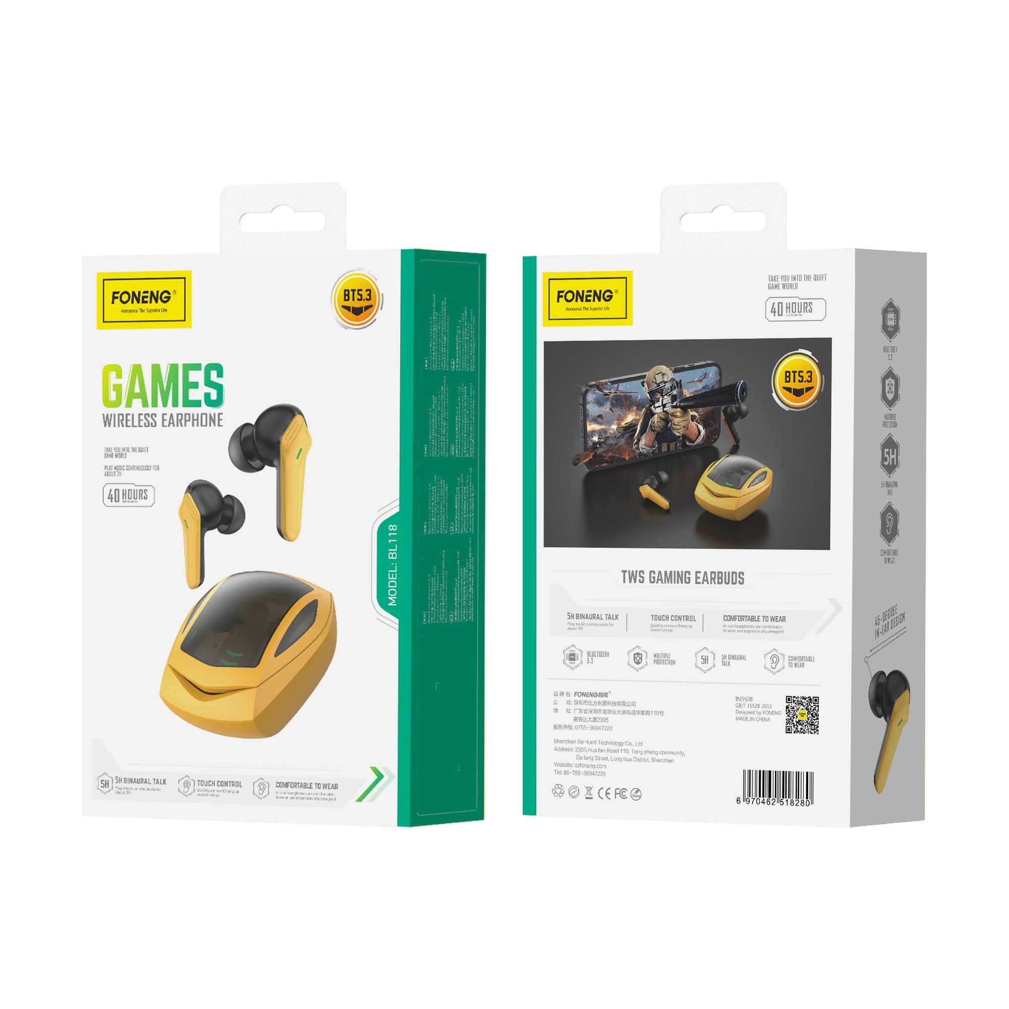 TWS Foneng  Gaming BL118 Amarillo