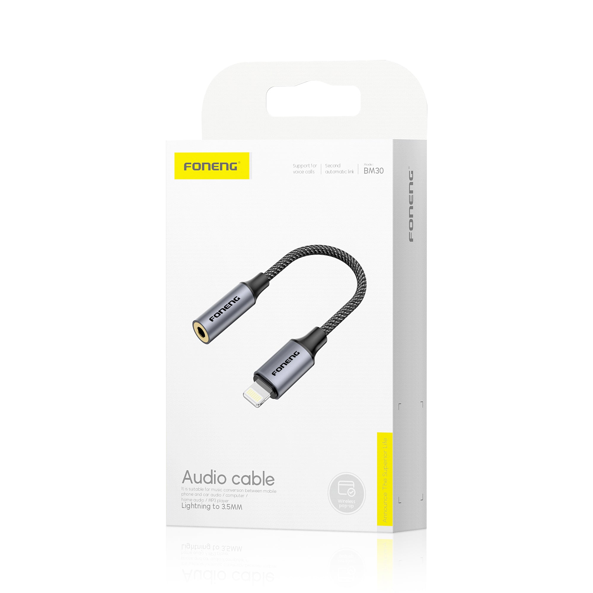 Adaptador Audio Foneng BM30 Female 3.5mm a Lightning Gris 14cm