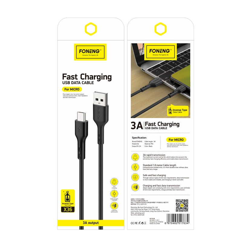 Cable Micro Foneng X36 2.1A 1M Negro