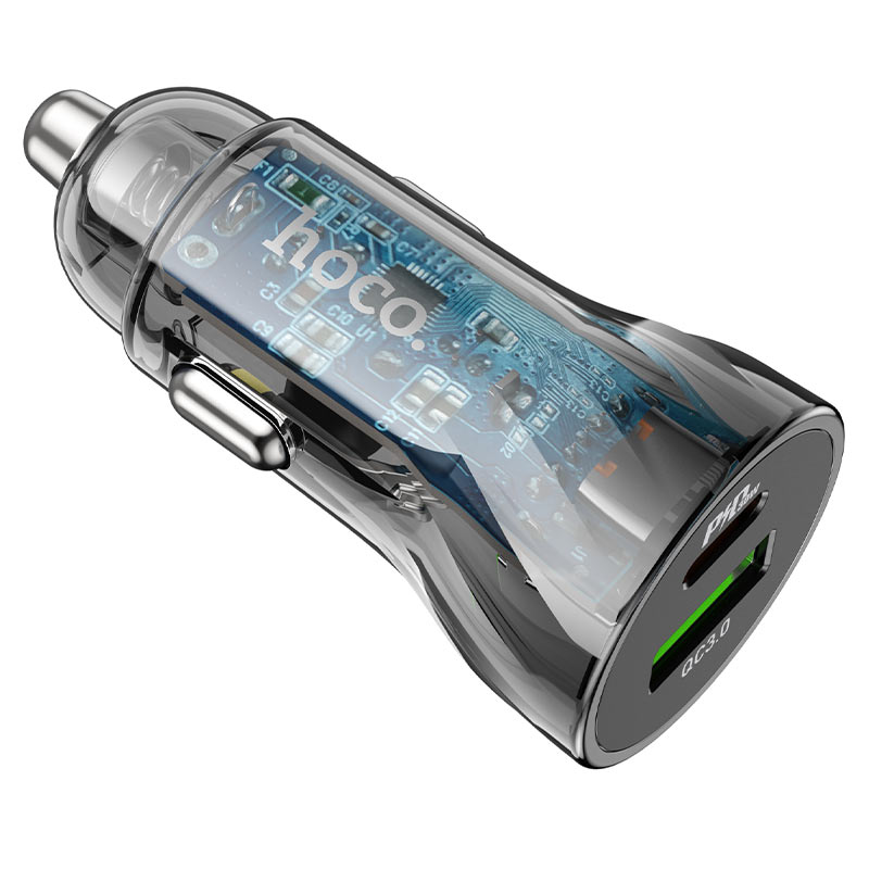 Hoco Cargador Dual Auto Z47A Transparent Discovery PD30W+QC3.0 negro