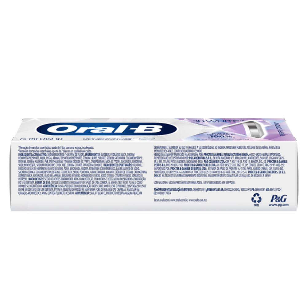 Pasta Dental Oral B 3D White Perfection Con Flúor 75ml