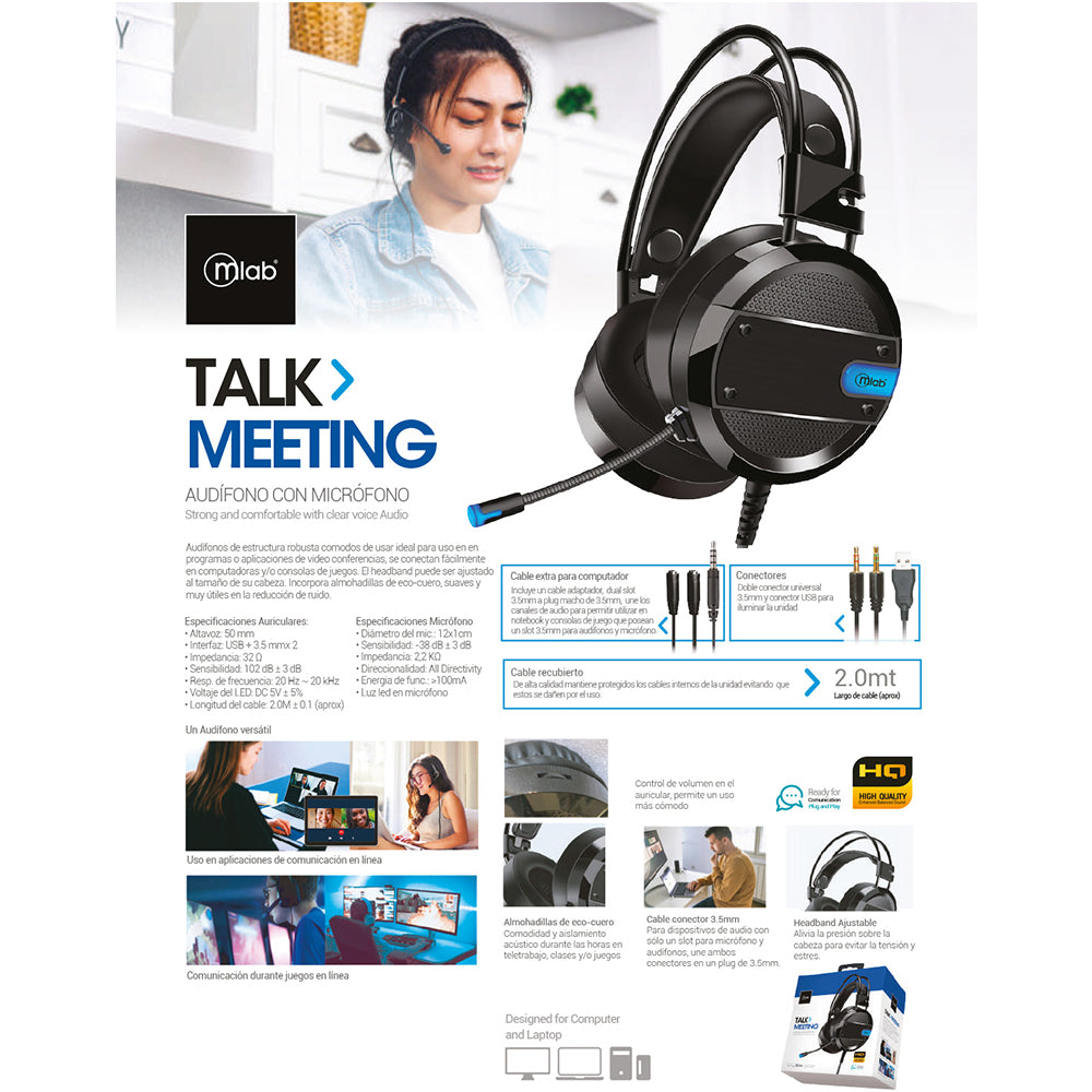 Audifonos MLab Talk Meeting Headset USB Jack 3.5mm 2m PC