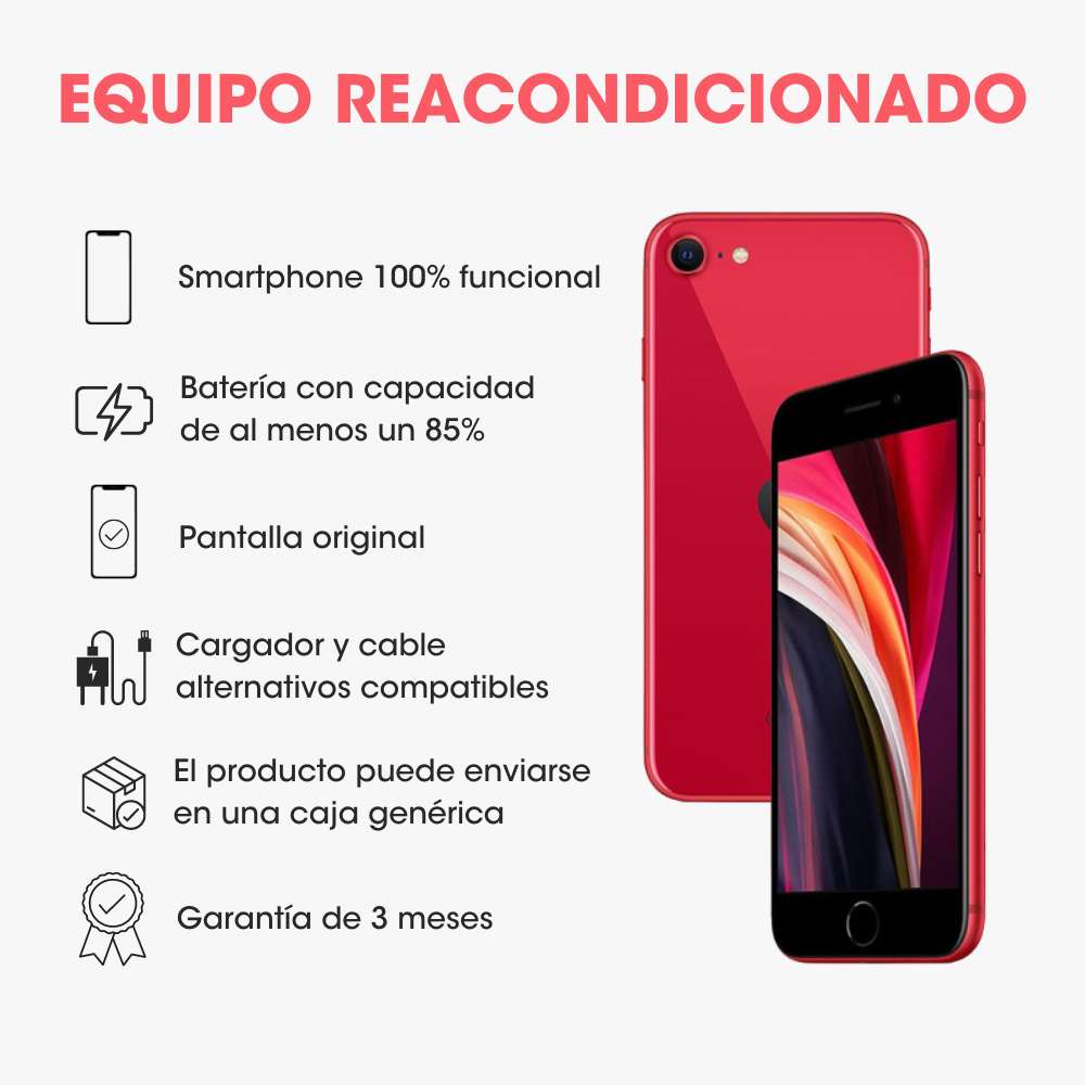 Apple iPhone SE 2a Generación, 64GB, Rojo (Reacondicionado