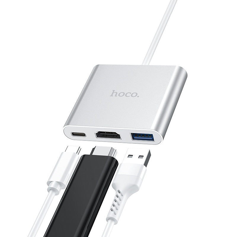 Hoco Adaptador HB14 Type-C a USB3.0+HDMI+PD Silver