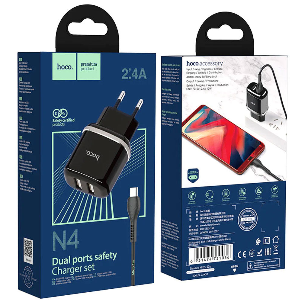 Cargador Hoco N4 Aspiring Micro USB Doble Puerto Negro