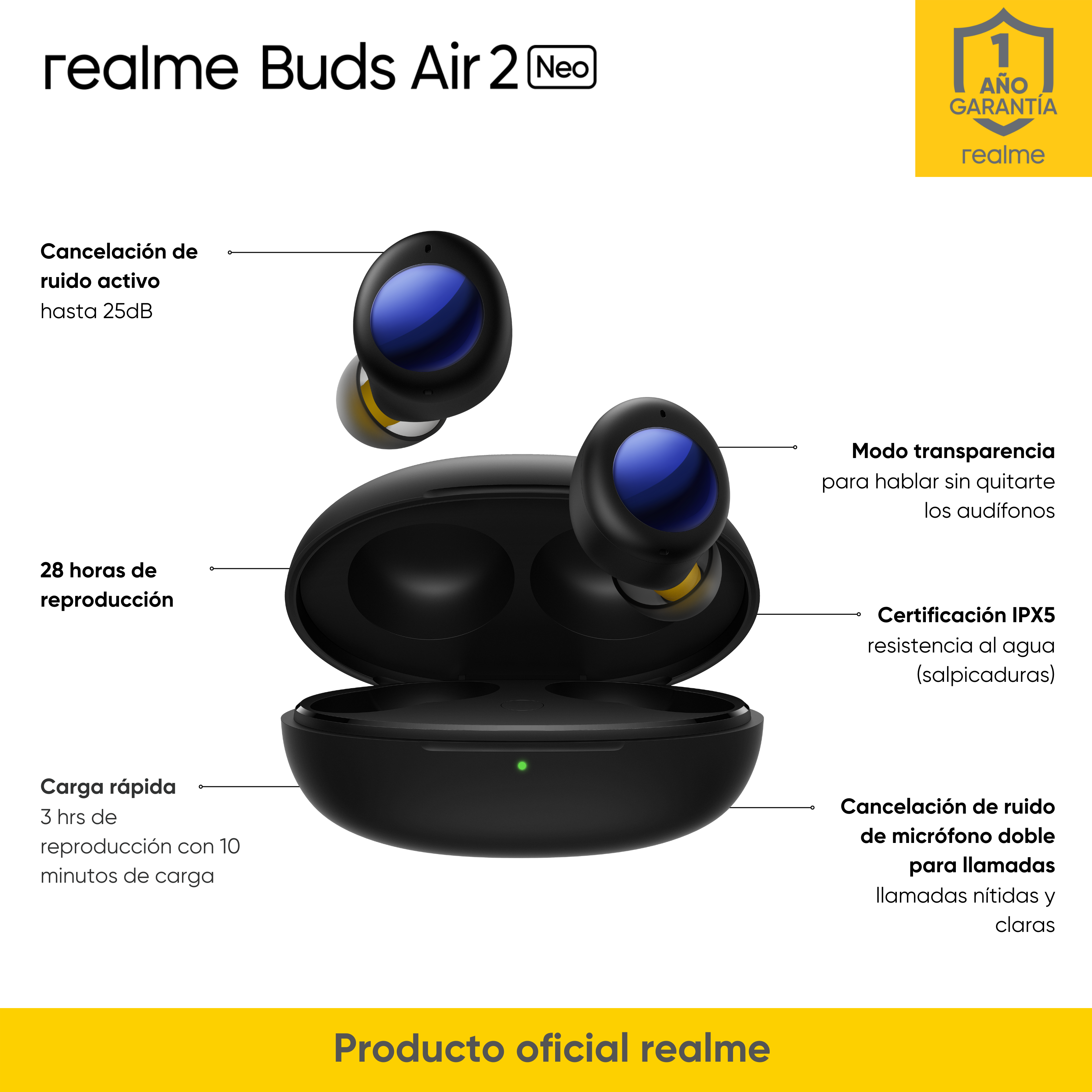 Audifonos Realme Buds Air 2 Neo Bluetooth IPX5 Negro